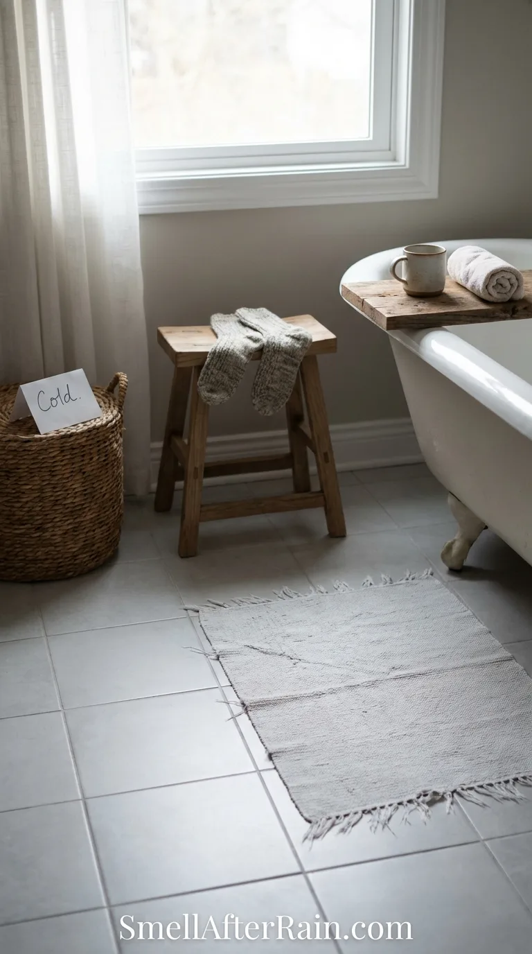 Cozy vintage rugs over cold ceramic flooring for cute bathroom flooring ideas.