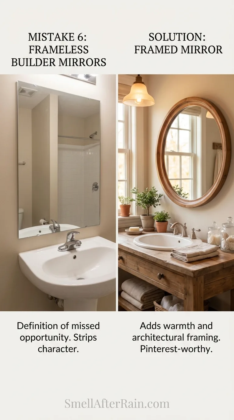 Vintage brass framed mirror replacing builder grade in this cute bathroom.