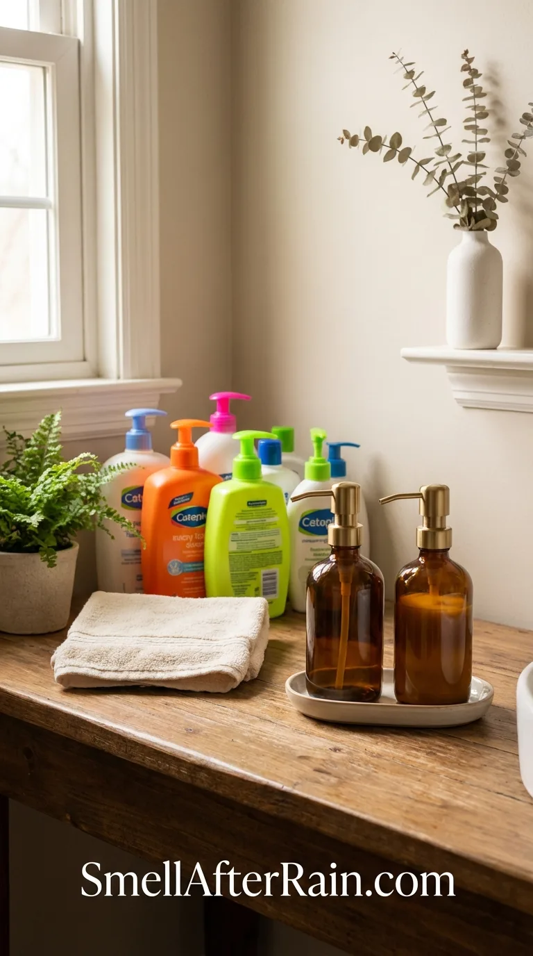 Cute bathroom ideas featuring custom amber glass soap dispensers on a vanity.
