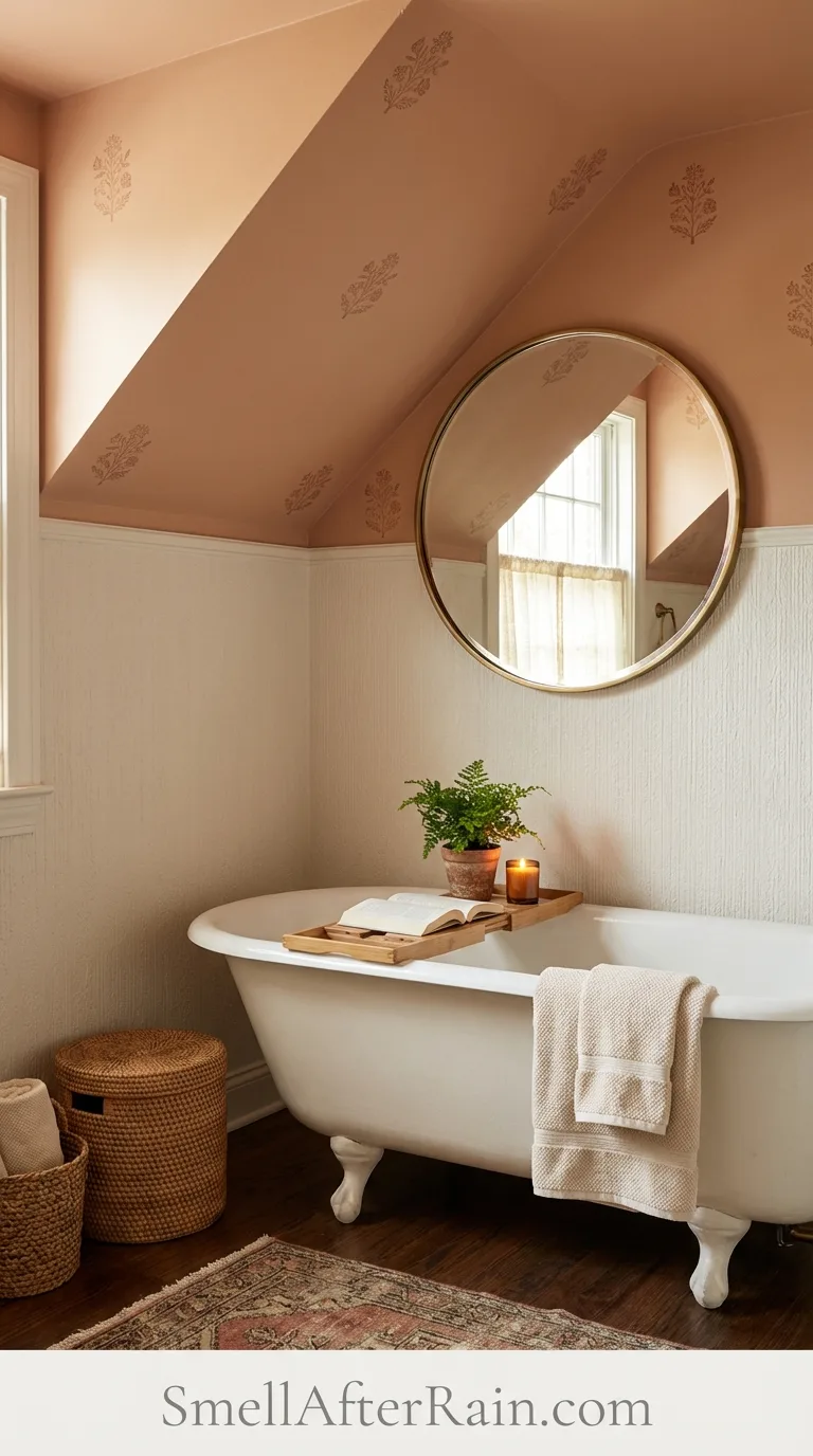 Wallpapered ceiling design adding visual interest to a cute bathroom space.