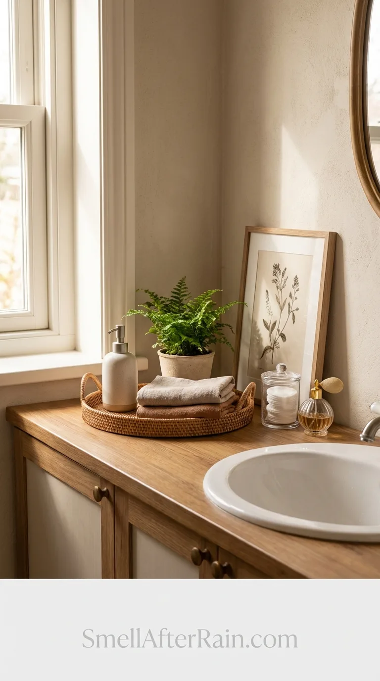 Lived-in cute bathroom ideas with beautifully styled, aesthetic countertops.