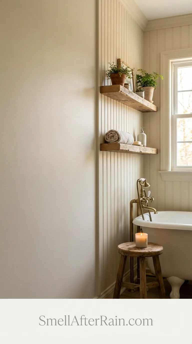 Beadboard and lime wash adding wall texture to a cozy and cute bathroom.