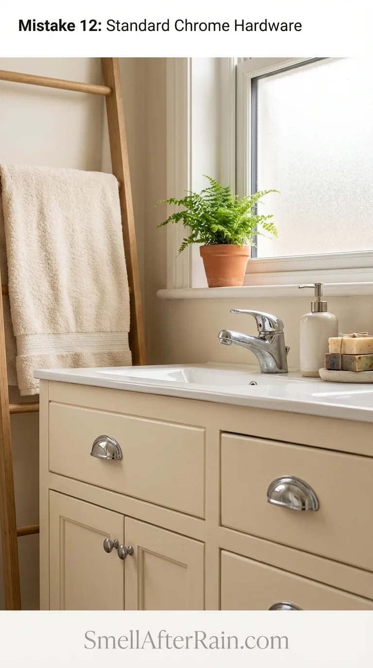 Unlacquered brass hardware replacing standard chrome in a cute bathroom design.