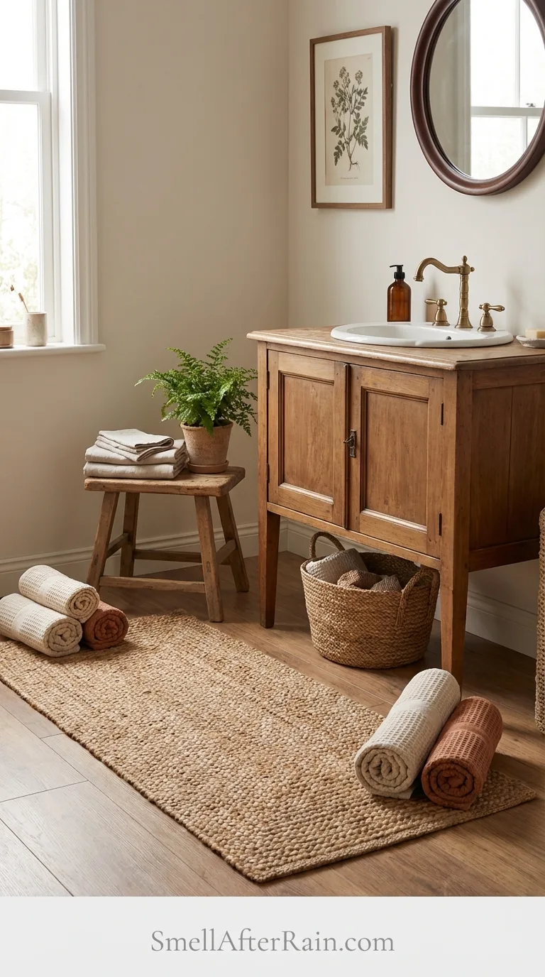 Unique woven Turkish rug used as a bath mat for cute bathroom aesthetic ideas.