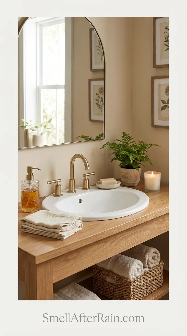Open shelving displaying aesthetic toiletries for cute bathroom storage ideas.