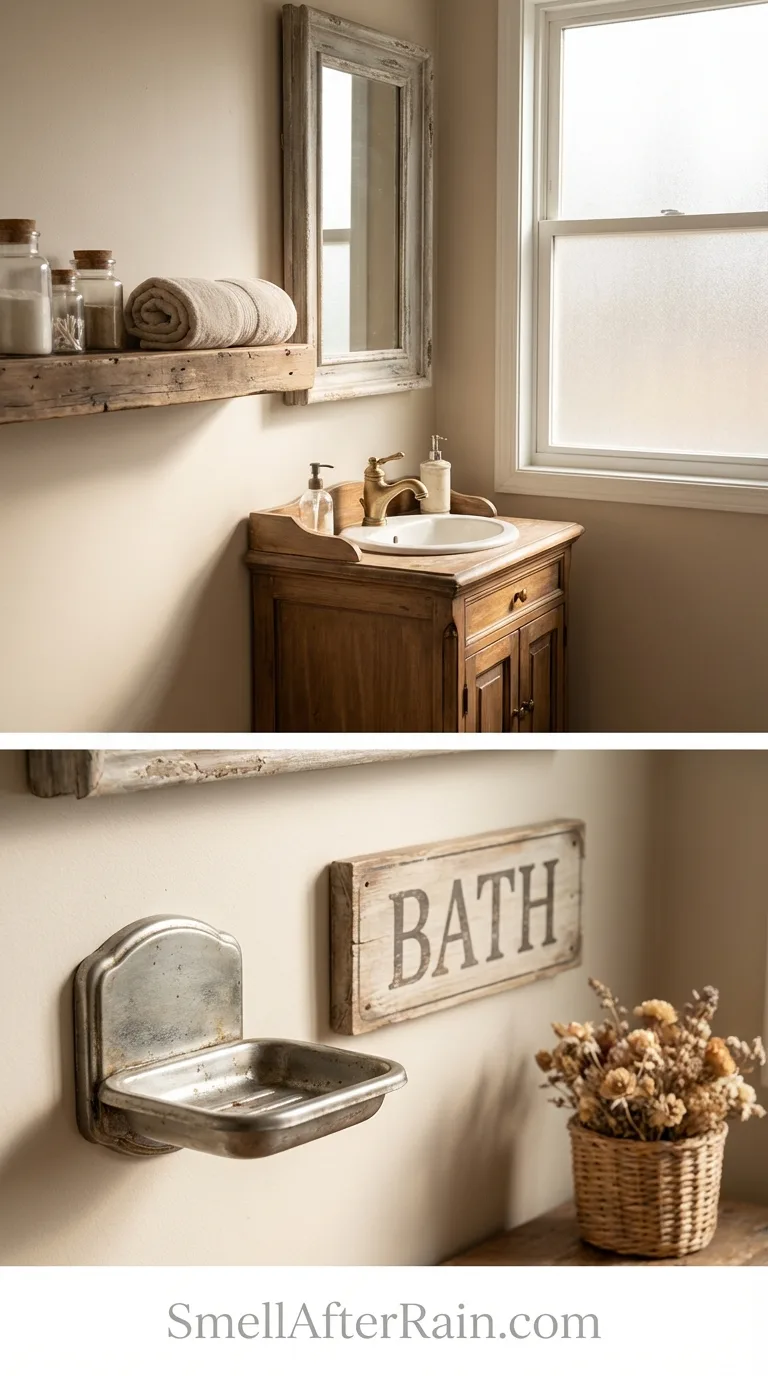 Naturally aged brass fixtures showing authentic patina in a cute bathroom design.