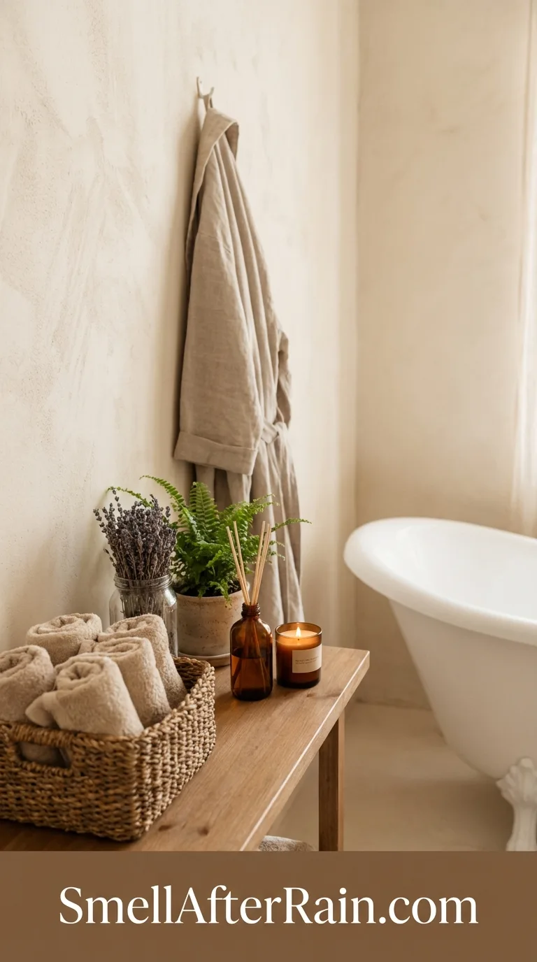 Essential oil diffusers and dried eucalyptus styling in a cute bathroom space.