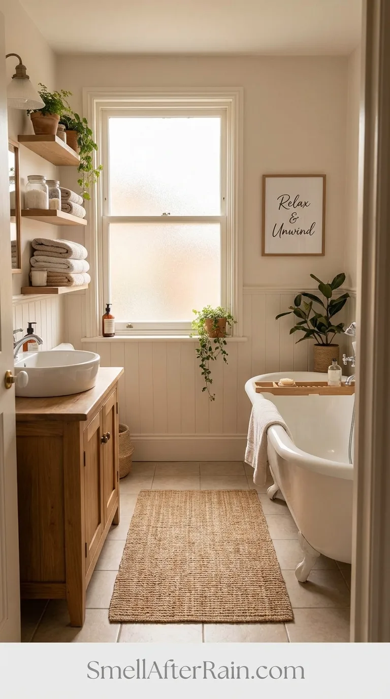 Small wooden stool providing seating and styling in a cute bathroom aesthetic.
