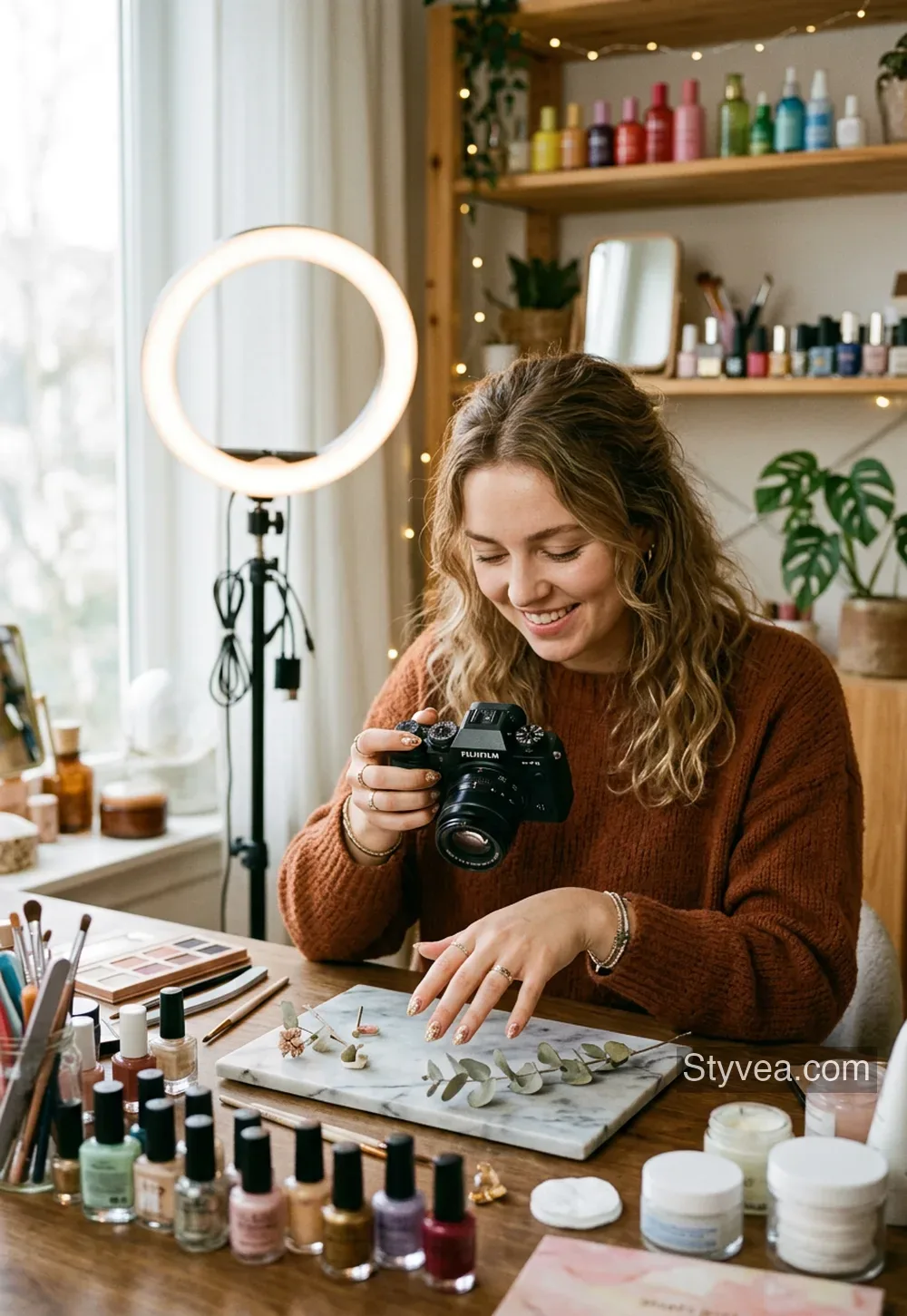 beauty content creator working on makeup tutorial photography