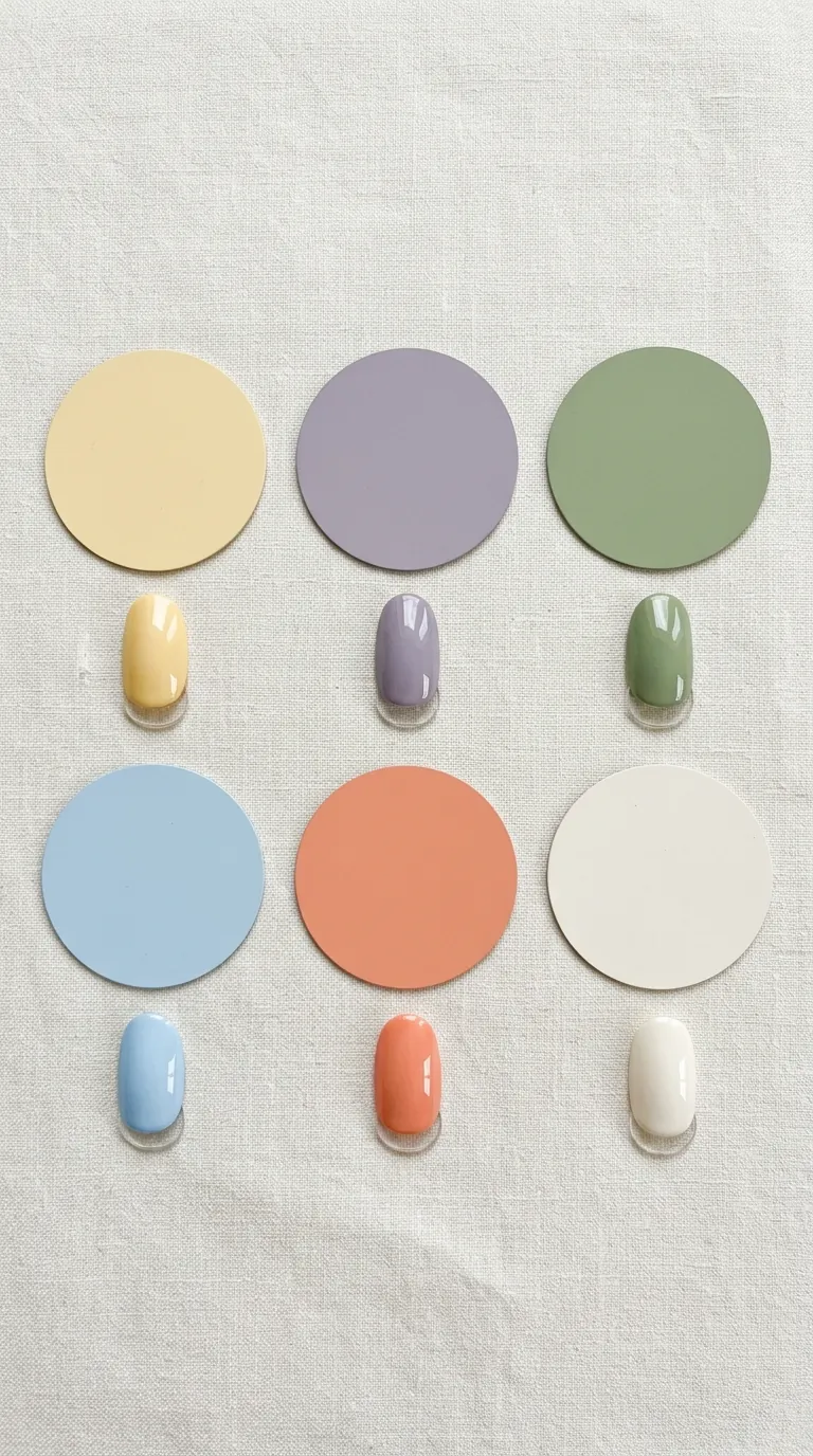 Spring 2026 nail color palette showing six trending shades — butter yellow, digital lavender, sage green, baby blue, soft coral, and milky white — displayed as circular color swatches with painted nail tips Spring 2026 nail color palette showing six trending shades — butter yellow, digital lavender, sage green, baby blue, soft coral, and milky white — displayed as circular color swatches with painted nail tips
