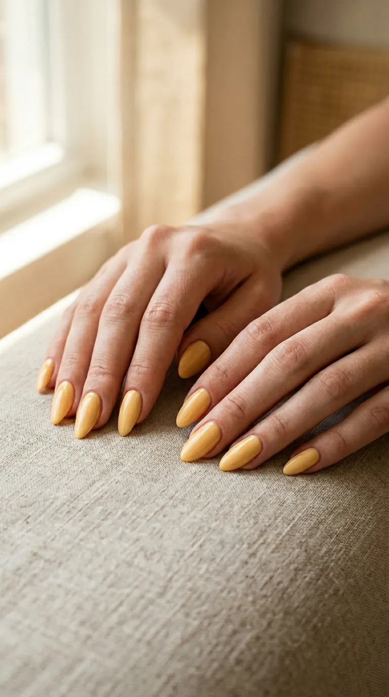 Butter yellow glazed spring nails 2026 on almond-shaped nails with a high-gloss finish, shown on both hands against a soft neutral background Butter yellow glazed spring nails 2026 on almond-shaped nails with a high-gloss finish, shown on both hands against a soft neutral background