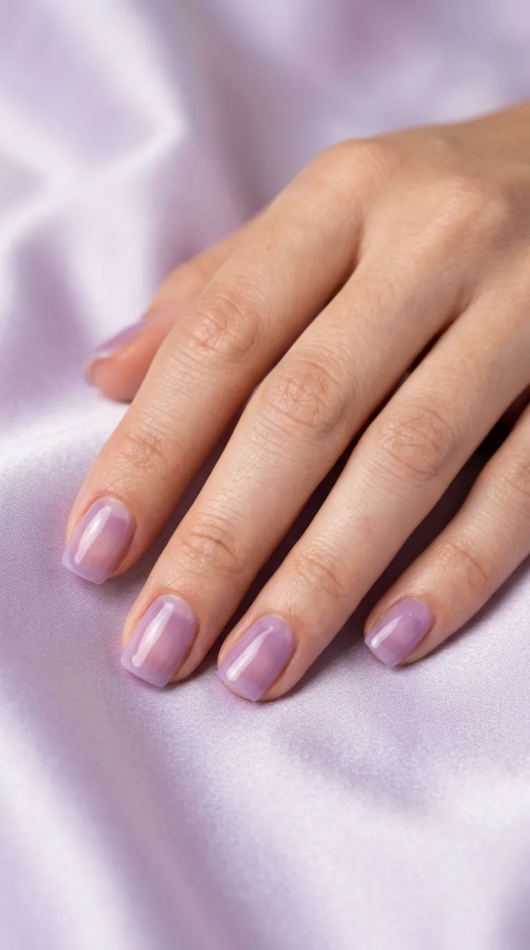 Milky lilac sheer jelly nails on short squoval-shaped nails showing translucent lavender tint with natural nail visible underneath Milky lilac sheer jelly nails on short squoval-shaped nails showing translucent lavender tint with natural nail visible underneath