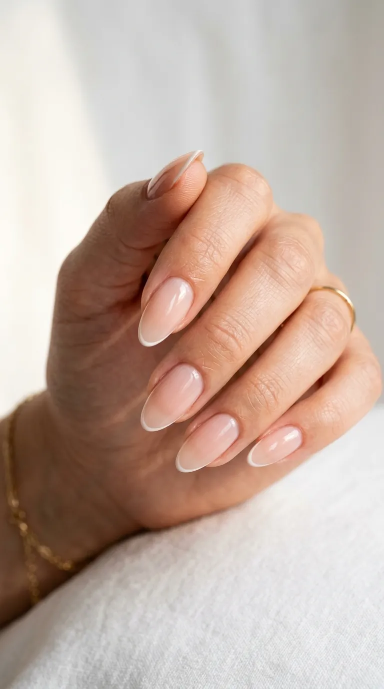 Micro French tip spring nails 2026 showing an ultra-thin white tip line on almond nails with a sheer nude base Micro French tip spring nails 2026 showing an ultra-thin white tip line on almond nails with a sheer nude base