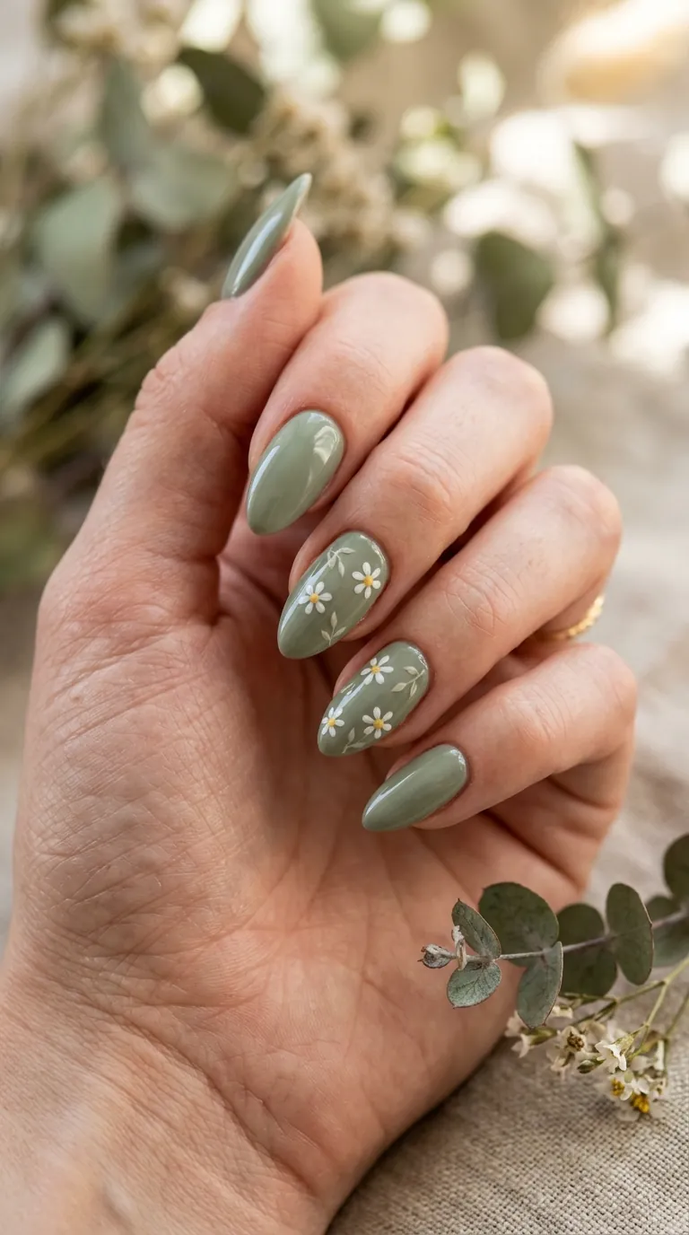 Botanical micro-floral spring nail art with tiny hand-painted flowers on two accent nails and solid pastel sage green on the remaining fingers, almond shape Botanical micro-floral spring nail art with tiny hand-painted flowers on two accent nails and solid pastel sage green on the remaining fingers, almond shape