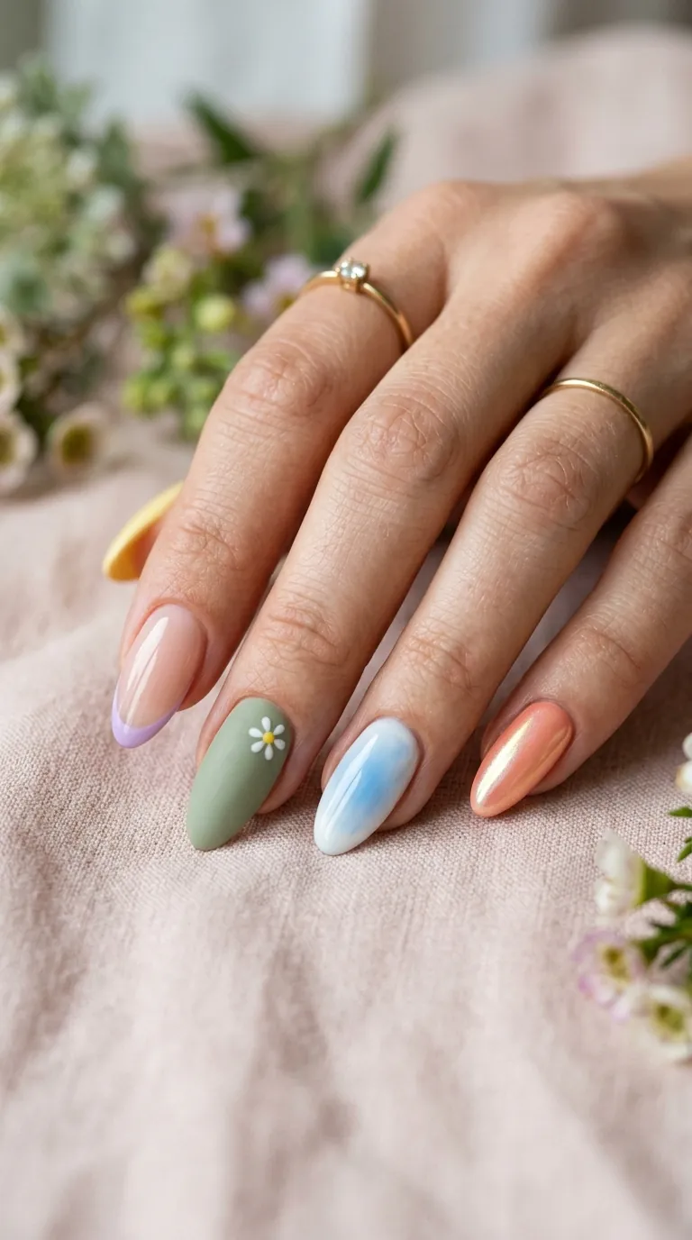 Mixed-media spring 2026 nail set showing five different designs on one hand — butter yellow glaze, lilac micro French, sage floral accent, baby blue aura, and peach chrome — unified by a pastel color palette on almond nails Mixed-media spring 2026 nail set showing five different designs on one hand — butter yellow glaze, lilac micro French, sage floral accent, baby blue aura, and peach chrome — unified by a pastel color palette on almond nails