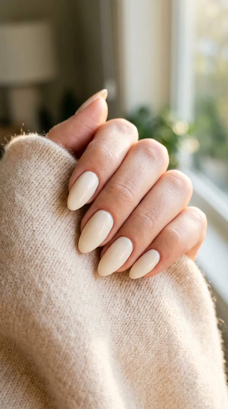 Cloud Dancer milky white spring nails 2026 on medium-length almond nails with a creamy opaque finish against a soft neutral background Cloud Dancer milky white spring nails 2026 on medium-length almond nails with a creamy opaque finish against a soft neutral background