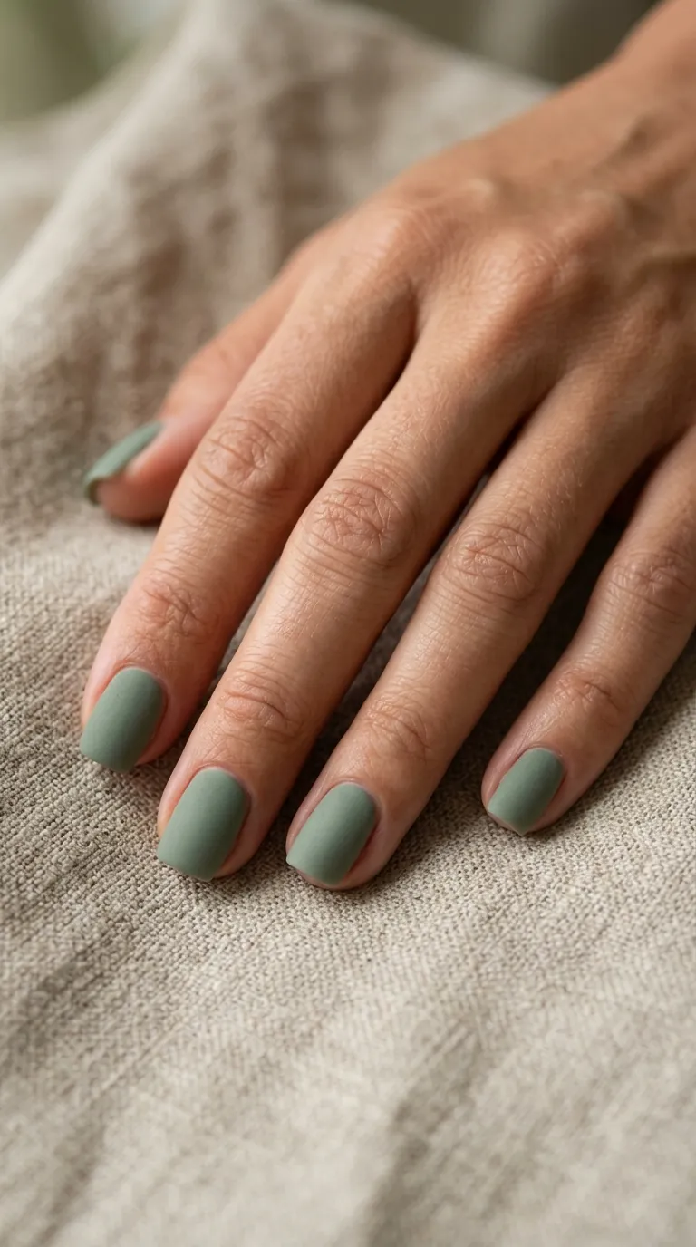 Sage green matte spring nails 2026 on square-shaped nails with a velvety suede-like finish showing no shine or reflection Sage green matte spring nails 2026 on square-shaped nails with a velvety suede-like finish showing no shine or reflection