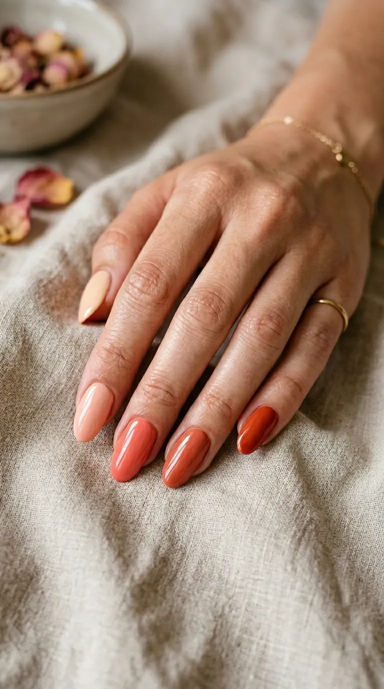 Soft coral skittle spring nails showing five graduating shades of peach and coral from lightest on the thumb to deepest on the pinky on oval-shaped nails Soft coral skittle spring nails showing five graduating shades of peach and coral from lightest on the thumb to deepest on the pinky on oval-shaped nails