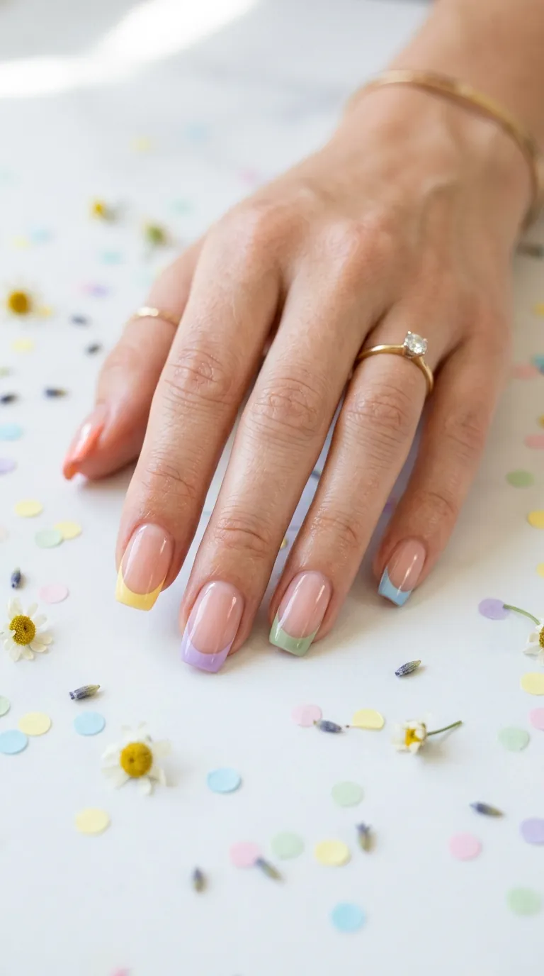 Pastel color-block French tip spring nails 2026 with each finger showing a different pastel tip color — yellow, lilac, coral, sage, blue — on a sheer nude base, squoval shape Pastel color-block French tip spring nails 2026 with each finger showing a different pastel tip color — yellow, lilac, coral, sage, blue — on a sheer nude base, squoval shape