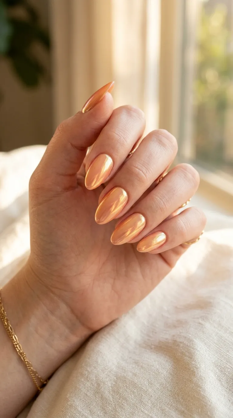 Glazed peach chrome spring nails 2026 on almond-shaped nails showing a lit-from-within pearlescent shimmer under warm lighting Glazed peach chrome spring nails 2026 on almond-shaped nails showing a lit-from-within pearlescent shimmer under warm lighting