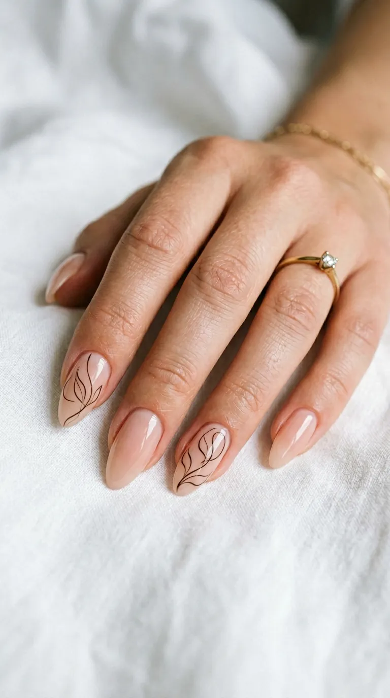 Minimalist line art spring nails 2026 with single continuous thin black line drawings of abstract leaves on a sheer nude base on almond nails Minimalist line art spring nails 2026 with single continuous thin black line drawings of abstract leaves on a sheer nude base on almond nails