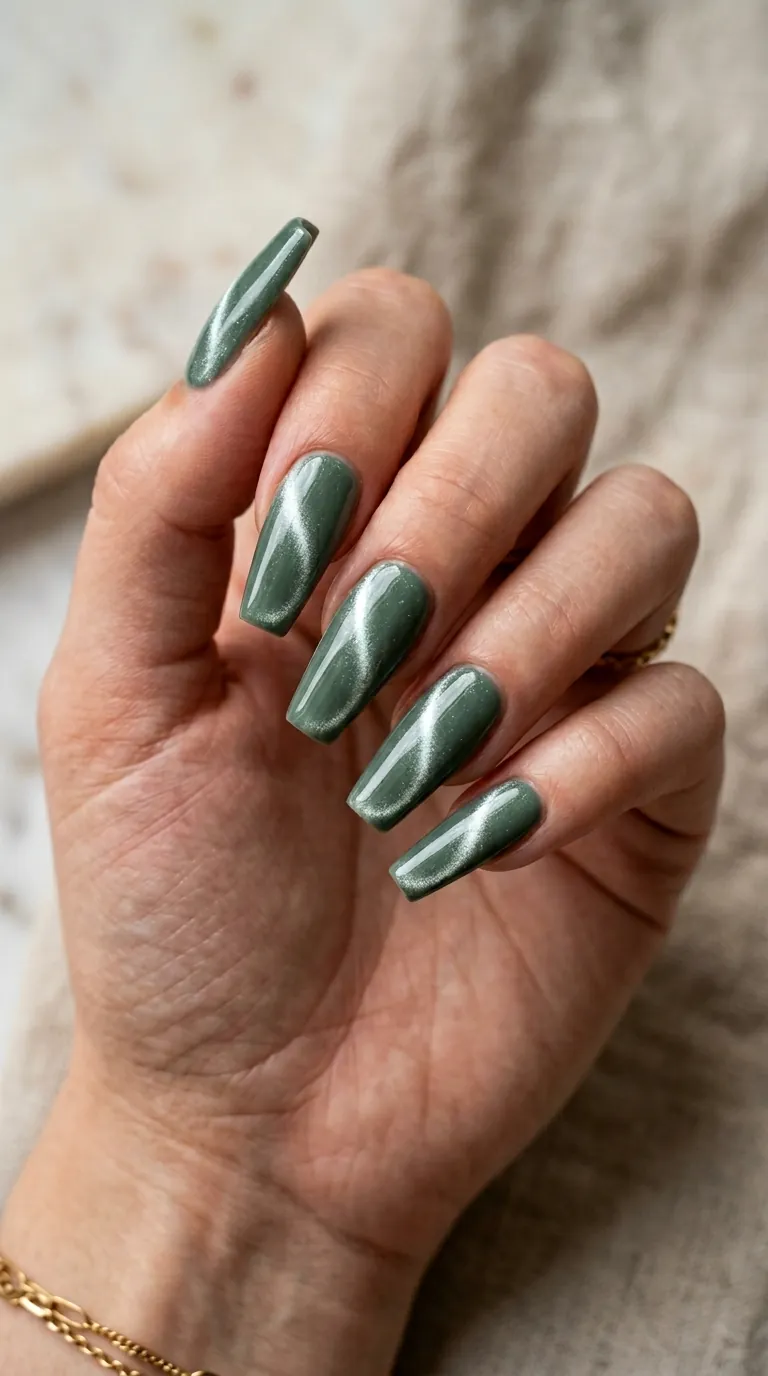 Cat-eye sage green swirl spring nails 2026 on coffin-shaped nails showing a fluid S-shaped magnetic light band that shifts across the green surface Cat-eye sage green swirl spring nails 2026 on coffin-shaped nails showing a fluid S-shaped magnetic light band that shifts across the green surface