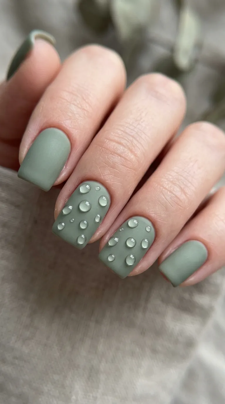 3D dew drop accent spring nails 2026 with clear gel droplets on a matte sage green base on square-shaped nails, showing light refracting through each drop 3D dew drop accent spring nails 2026 with clear gel droplets on a matte sage green base on square-shaped nails, showing light refracting through each drop