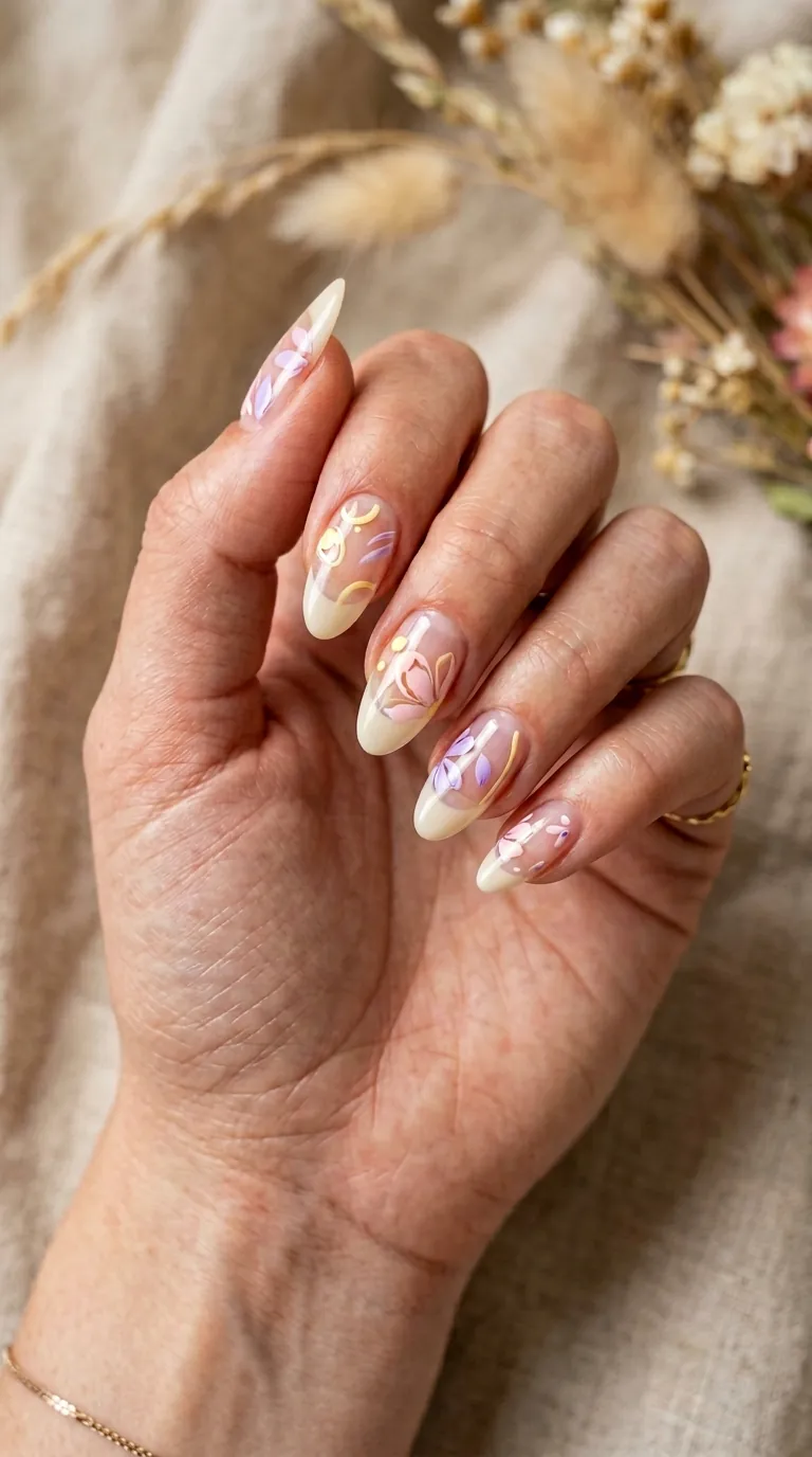 Negative-space bloom spring nails 2026 with partial pastel flower petals painted on a clear transparent base on almond nails, showing bare nail as part of the design Negative-space bloom spring nails 2026 with partial pastel flower petals painted on a clear transparent base on almond nails, showing bare nail as part of the design