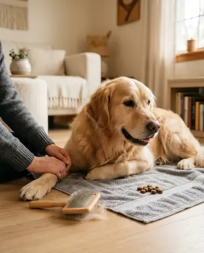 Hands and forearms near a golden retriever lying on a towel during a calm brushing desensitization session with treats nearby Hands and forearms near a golden retriever lying on a towel during a calm brushing desensitization session with treats nearby