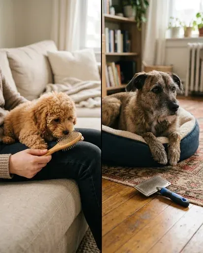 Split image comparing a curious puppy sniffing a brush on the left with a calm adult rescue dog keeping distance from a brush on the right Split image comparing a curious puppy sniffing a brush on the left with a calm adult rescue dog keeping distance from a brush on the right