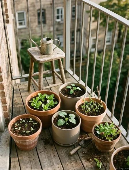 Small balcony garden with vegetable seedlings in assorted terracotta and ceramic containers under morning sunlight Small balcony garden with vegetable seedlings in assorted terracotta and ceramic containers under morning sunlight