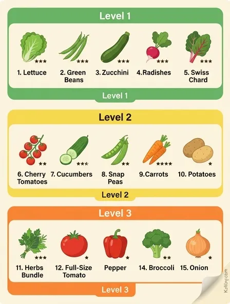 Illustrated ranking chart of 15 easiest vegetables to grow showing difficulty levels from nearly impossible to kill to worth trying in year two