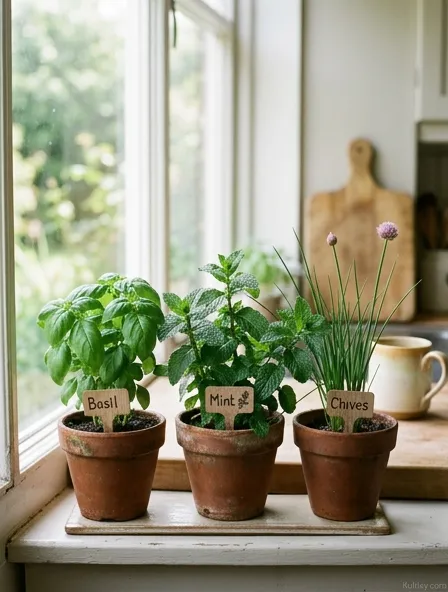 Three small potted herbs — basil, mint, and chives — on a sunny kitchen windowsill with handwritten labels