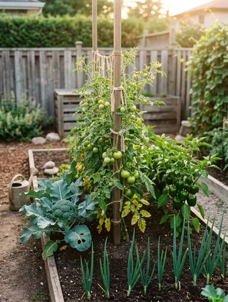 Garden scene showing full-size tomato plant on tall stake, pepper plant, broccoli head, and onions growing in soil rows Garden scene showing full-size tomato plant on tall stake, pepper plant, broccoli head, and onions growing in soil rows