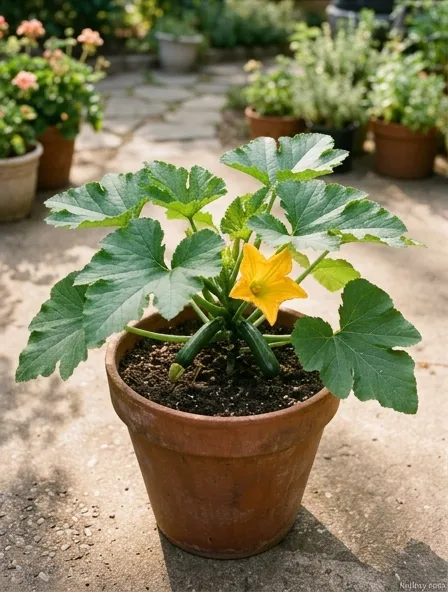 Large zucchini plant with broad green leaves, a bright yellow flower, and two developing zucchini fruits Large zucchini plant with broad green leaves, a bright yellow flower, and two developing zucchini fruits