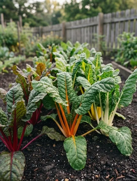 Rainbow Swiss chard plants with bright red, orange, yellow, and white stems growing in a garden bed Rainbow Swiss chard plants with bright red, orange, yellow, and white stems growing in a garden bed