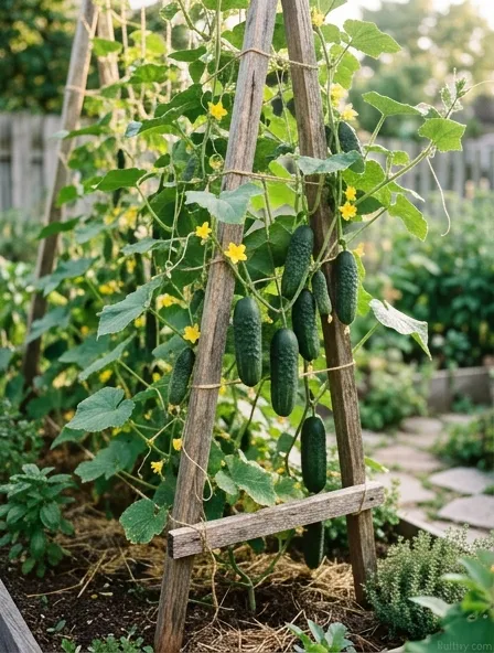 Cucumber vines climbing a simple wooden trellis with several green cucumbers hanging and yellow flowers blooming Cucumber vines climbing a simple wooden trellis with several green cucumbers hanging and yellow flowers blooming