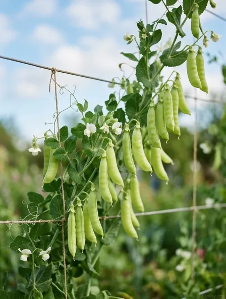 Sugar snap pea pods hanging from a vine on a small wire trellis in a spring garden