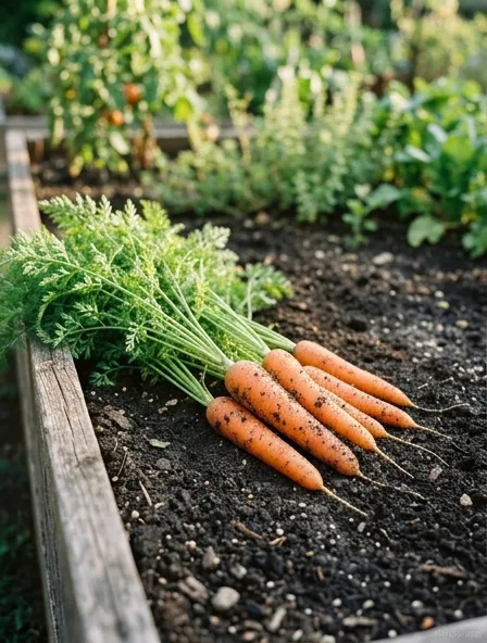 Several bright orange carrots freshly pulled from loose soil in a raised garden bed with green tops attached