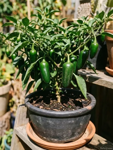 Jalapeño pepper plant in a dark container with several green peppers growing among dark green leaves