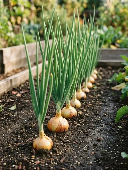 Row of onion plants with green tops growing in garden soil with bulbs beginning to push above the surface