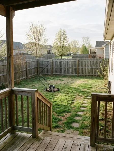 Small suburban backyard lawn in early spring with a mix of green grass and some bare patches next to a back porch Small suburban backyard lawn in early spring with a mix of green grass and some bare patches next to a back porch
