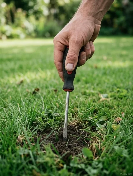 Hand pushing a screwdriver into lawn soil to test compaction with grass visible around it Hand pushing a screwdriver into lawn soil to test compaction with grass visible around it