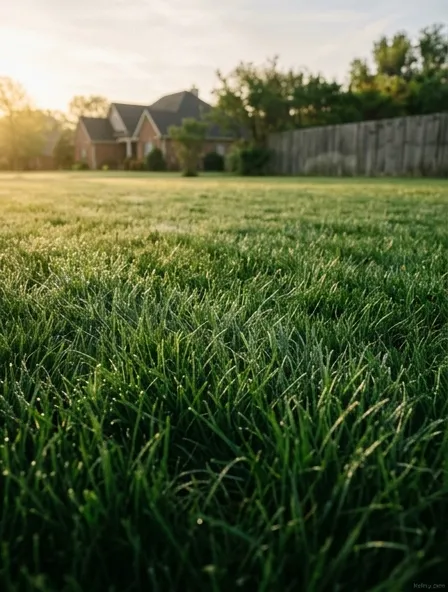 Lush dark green cool-season lawn in spring with tall fescue grass blades glistening in morning light Lush dark green cool-season lawn in spring with tall fescue grass blades glistening in morning light