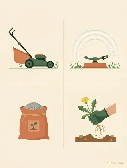 Flat illustration showing four lawn care essentials — a mower, a sprinkler, a fertilizer bag, and a hand pulling a weed Flat illustration showing four lawn care essentials — a mower, a sprinkler, a fertilizer bag, and a hand pulling a weed