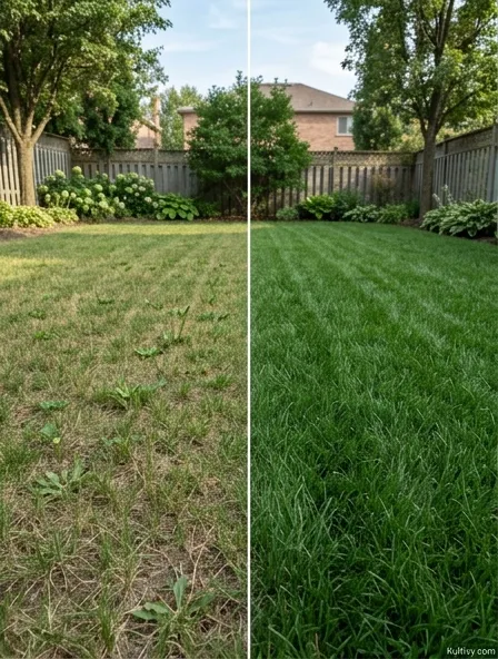 Side-by-side comparison of a lawn mowed too short at 2 inches versus a healthy lawn mowed at 3.5 inches Side-by-side comparison of a lawn mowed too short at 2 inches versus a healthy lawn mowed at 3.5 inches