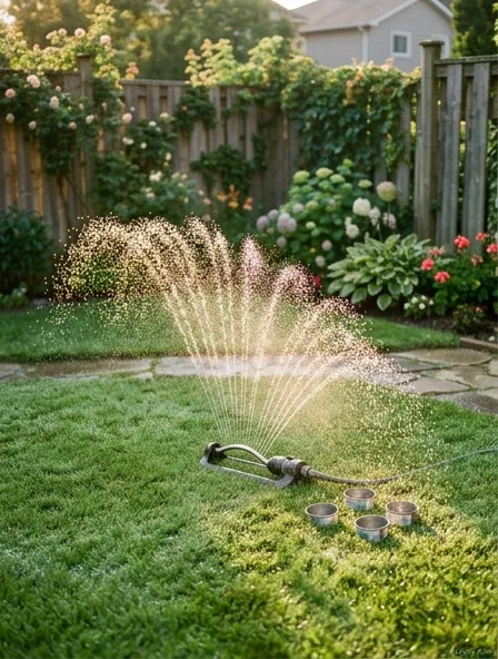 Oscillating sprinkler watering a green lawn in early morning with water droplets catching the golden sunrise light Oscillating sprinkler watering a green lawn in early morning with water droplets catching the golden sunrise light