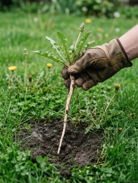 Gloved hand pulling a dandelion with intact taproot from a green lawn after rain Gloved hand pulling a dandelion with intact taproot from a green lawn after rain