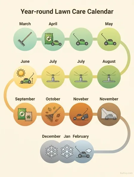Illustrated seasonal lawn care calendar for Zone 7 showing monthly tasks from March through November Illustrated seasonal lawn care calendar for Zone 7 showing monthly tasks from March through November