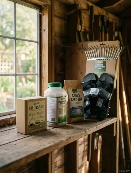 Garden shed shelf with aeration shoes, dethatching rake, soil test kit, and seed bag — tools that can wait until year two Garden shed shelf with aeration shoes, dethatching rake, soil test kit, and seed bag — tools that can wait until year two